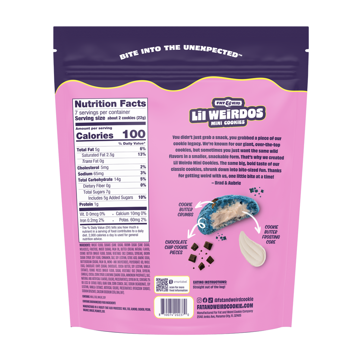 Back of the Cookies Anonymous Lil Weirdos Mini Cookies bag showing Nutrition Facts, ingredients and allergen information