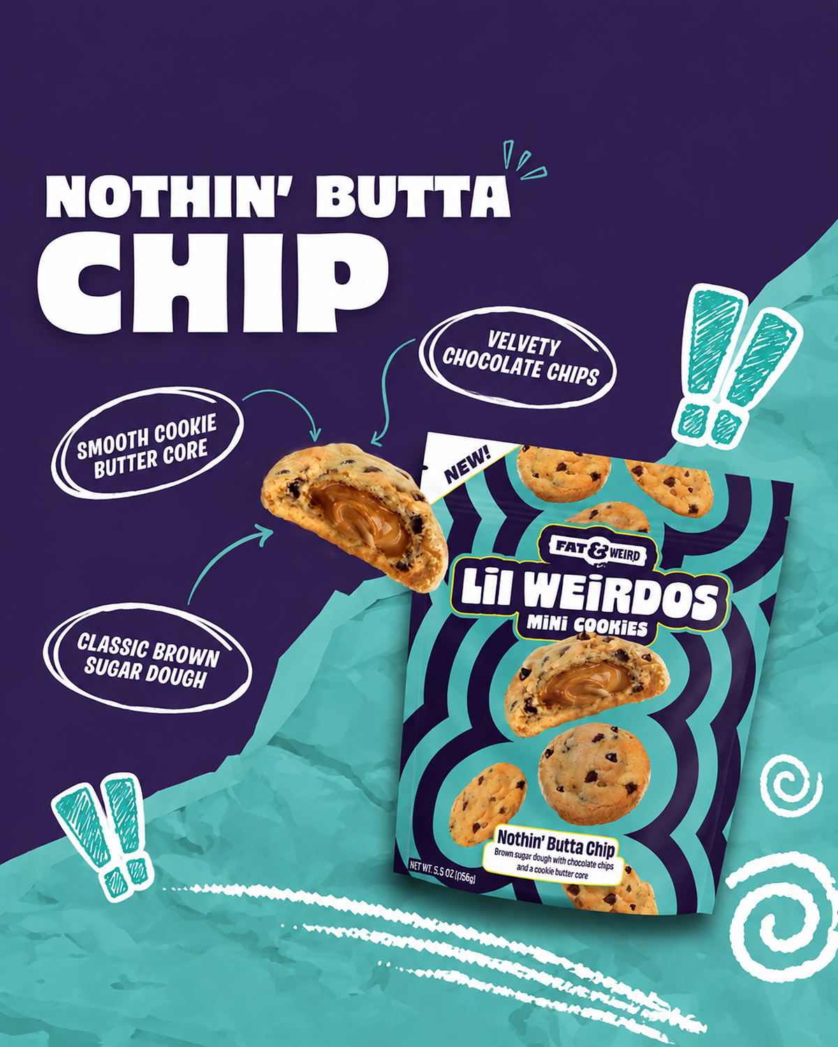 Nothin’ Butta Chip mini cookies made with buttery brown sugar dough packed with chocolate chips and filled with a rich cookie butter center.