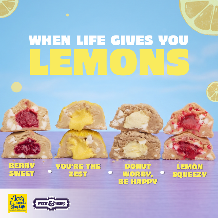 Assorted stuffed cookies with lemon, berry, and cream fillings, sliced open to show texture, featuring ‘When life gives you lemons’ message, Fat & Weird Cookies collaboration with Alex’s Lemonade Stand.