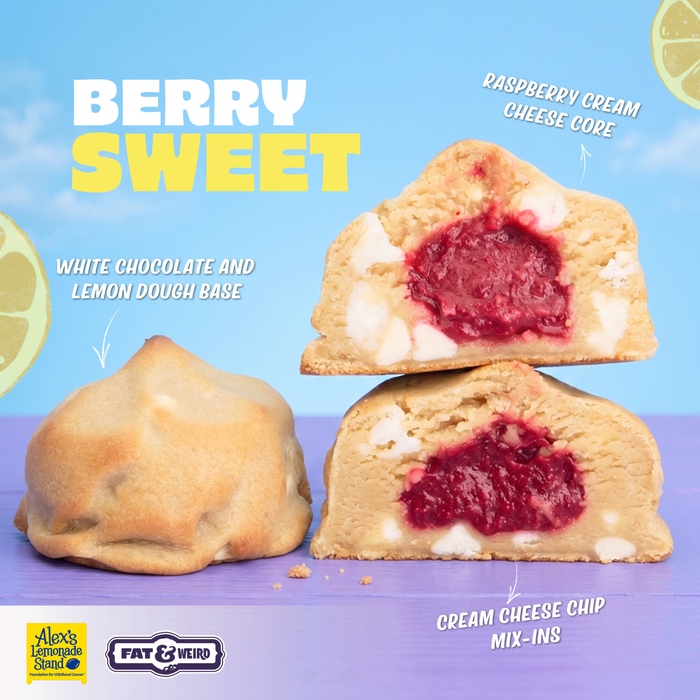 Berry Sweet stuffed cookie with raspberry cream cheese filling, white chocolate lemon dough, and cream cheese chips, shown sliced to reveal gooey center, Fat & Weird Cookies collaboration with Alex’s Lemonade Stand.
