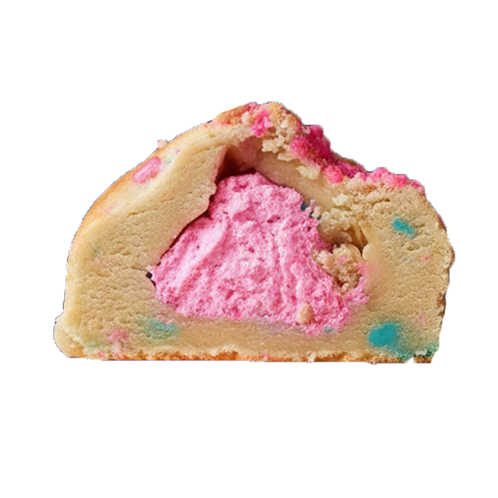 Aubrie Doughkie cookie broken open to show the pink sprinkle donut center