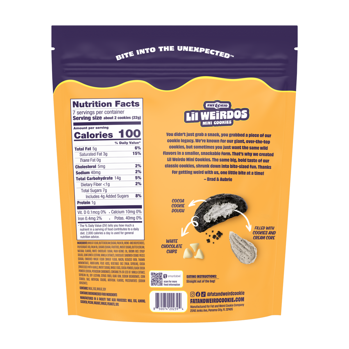 Back of the Black Beauty Lil Weirdos Mini Cookies bag showing Nutrition Facts, ingredients and allergen information