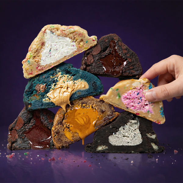 Baker’s Choice mystery pack box with assorted stuffed cookies (sprinkles, Oreo, caramel cores) stacked