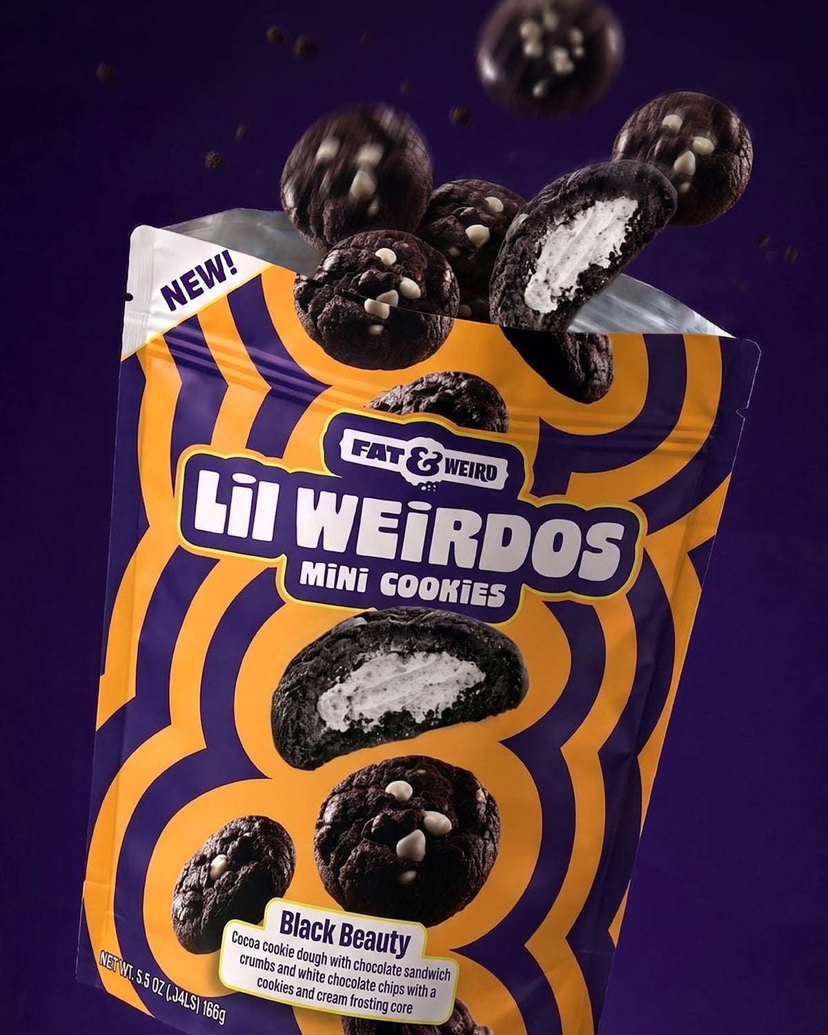 Bite-sized Black Beauty stuffed cookie, a black cocoa cookie with chocolate sandwich cookie pieces and white chocolate chips