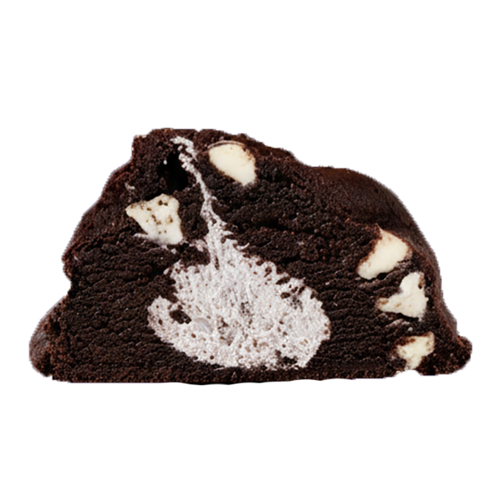 Black Beauty cookie broken open to show the cookies and cream frosting center 