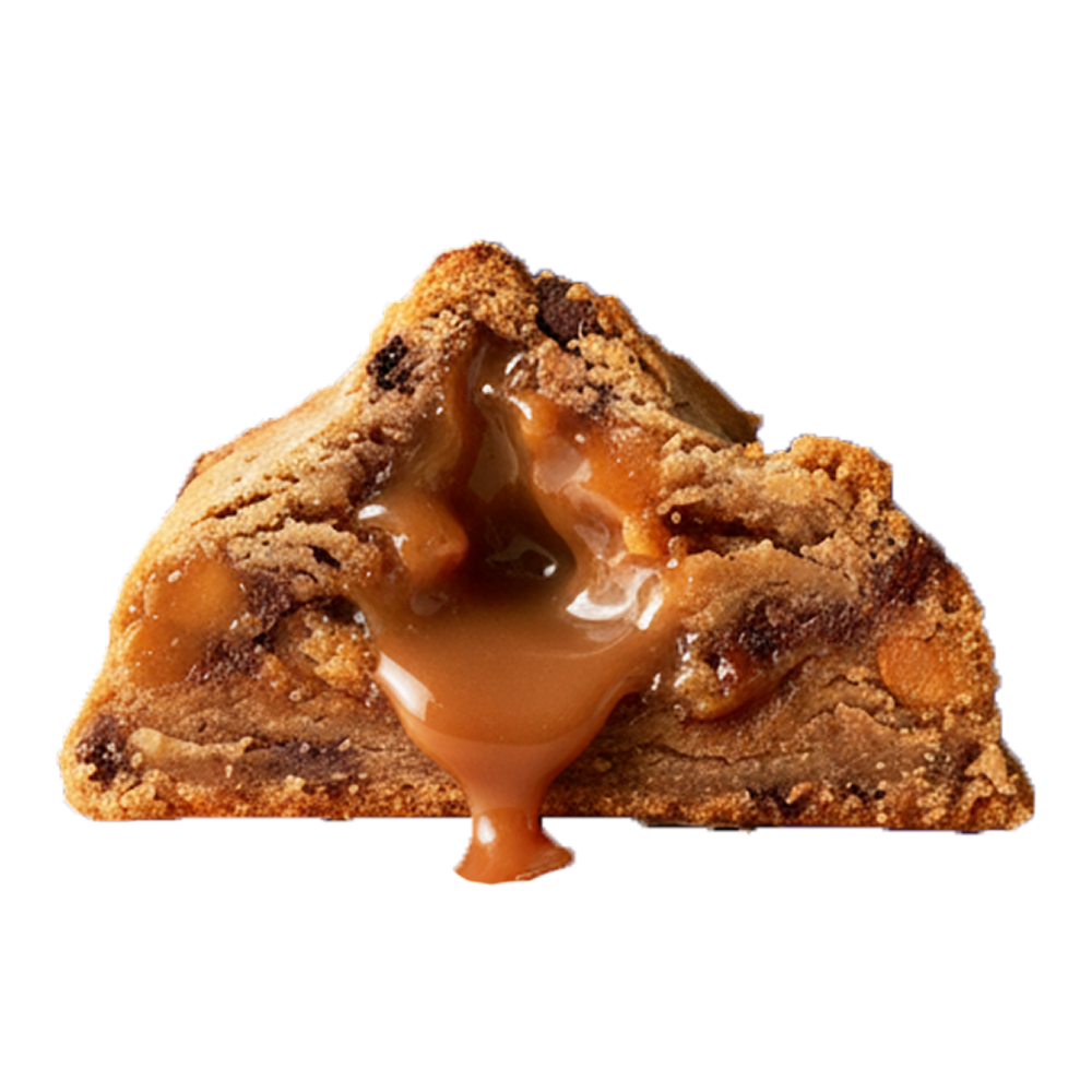 Chip N Drip cookie broken open to show the salted caramel center