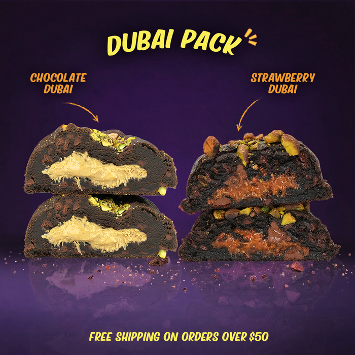 Dubai Pack stuffed cookies featuring chocolate and strawberry flavors with rich creamy fillings and pistachio topping, shown sliced open to reveal gooey centers.