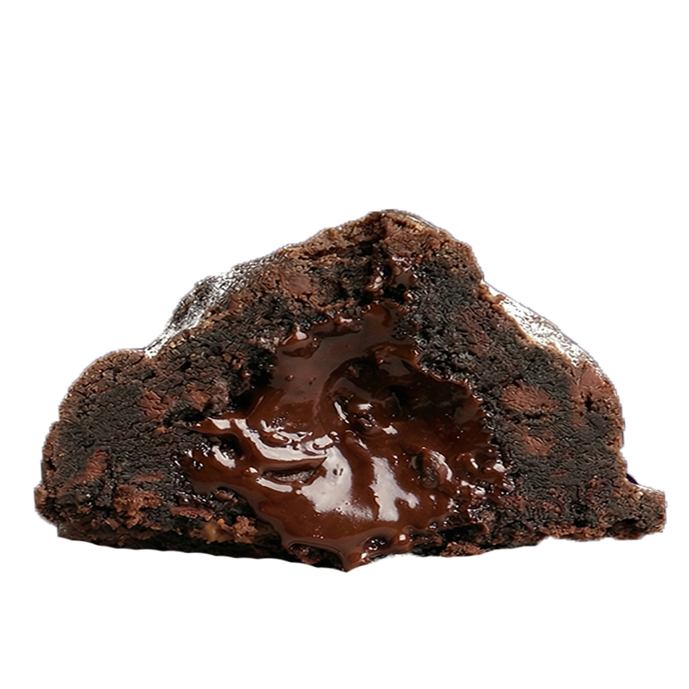 Massive Eruption cookie broken open to show the gooey fudge center