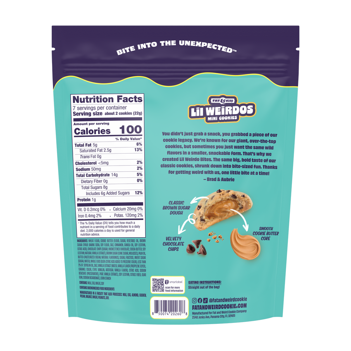 Back of the Nothin' Butta Chip Lil Weirdos Mini Cookies bag showing Nutrition Facts, ingredients and allergen information