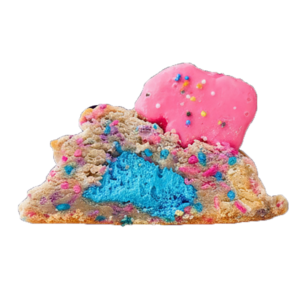 The Party Animal cookie broken open to show the blue buttercream frosting center