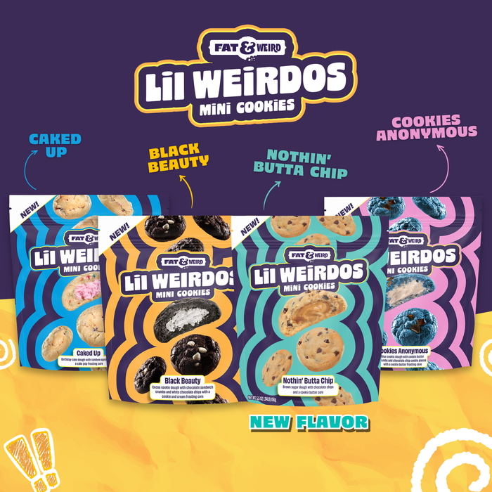 Fat & Weird Lil Weirdos mini cookies variety pack featuring Caked Up, Black Beauty, Nothin’ Butta Chip, and Cookies Anonymous flavors in colorful packaging, new flavor assortment.