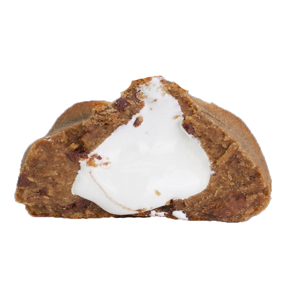 Some Mores cookie broken open to show the gooey marshmallow center