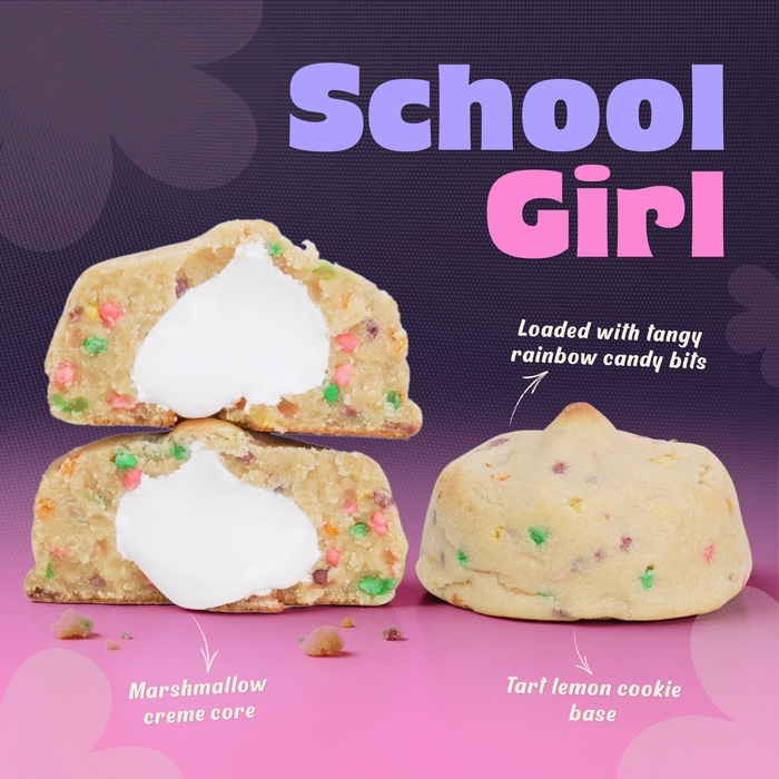 Lemon stuffed cookie with marshmallow filling and rainbow candy sprinkles, School Girl flavor from spring cookie pack, soft gourmet cookie with creamy center.