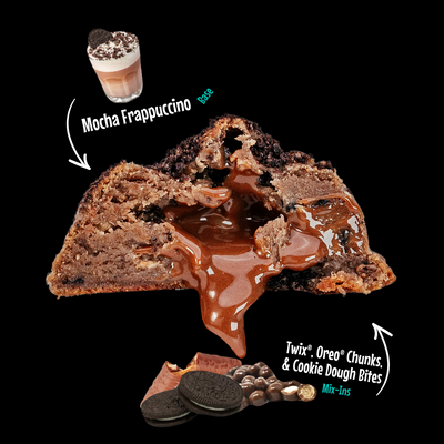 The Fix - Mocha Frappuccino stuffed cookie with Twix, Oreo chunks and cookie dough bites with a creamy caramel core by Fat & Weird Cookie