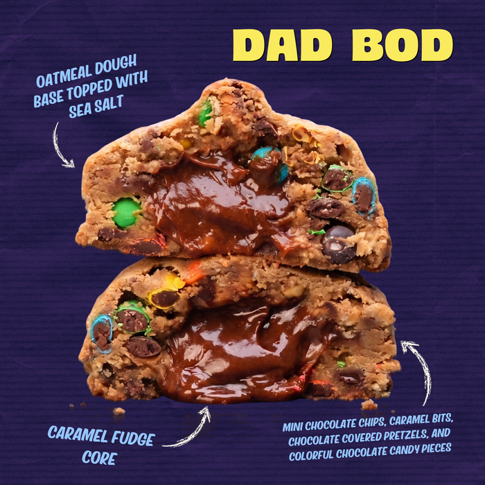 Fat & Weird Cookie ‘Dad Bod’ gourmet stuffed cookie featuring a gooey caramel fudge core, oatmeal cookie base, mini chocolate chips, caramel bits, chocolate-covered pretzels, candy pieces, and flaky sea salt.