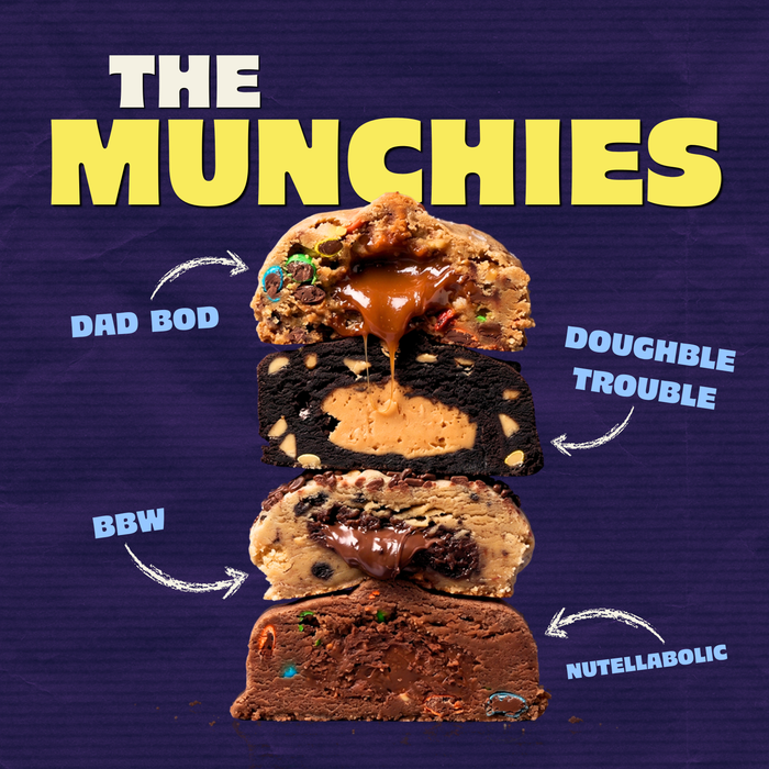 Fat & Weird Cookie ‘The Munchies’ collection featuring oversized stuffed gourmet cookies including Dad Bod, Doughble Trouble, BBW, and Nutellabolic flavors with gooey caramel, peanut butter, and chocolate-filled centers.