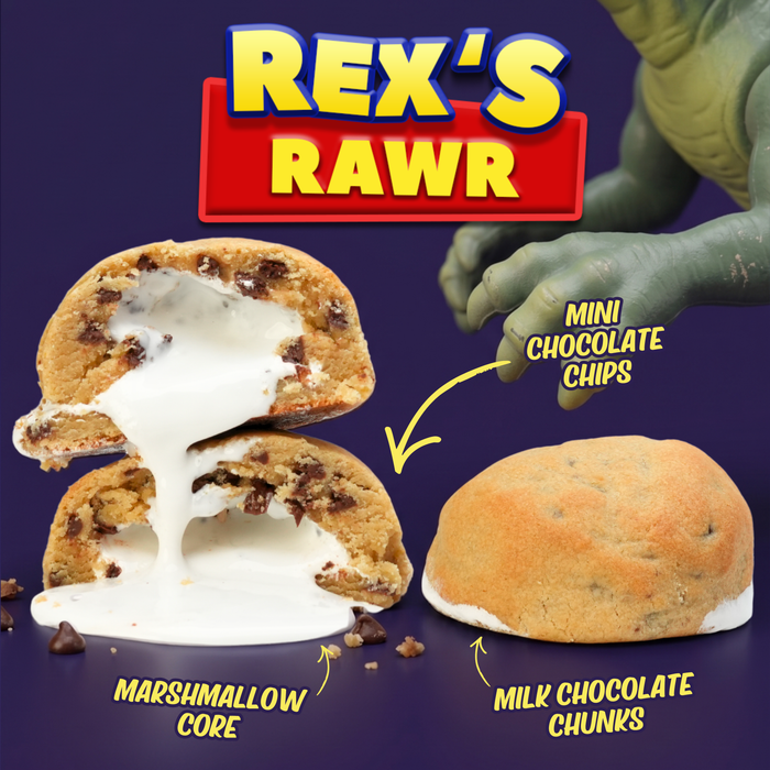 Fat & Weird Cookie ‘Rex’s Rawr’ stuffed cookie featuring a gooey marshmallow core, mini chocolate chips, milk chocolate chunks, and a dinosaur-inspired gourmet dessert theme.
