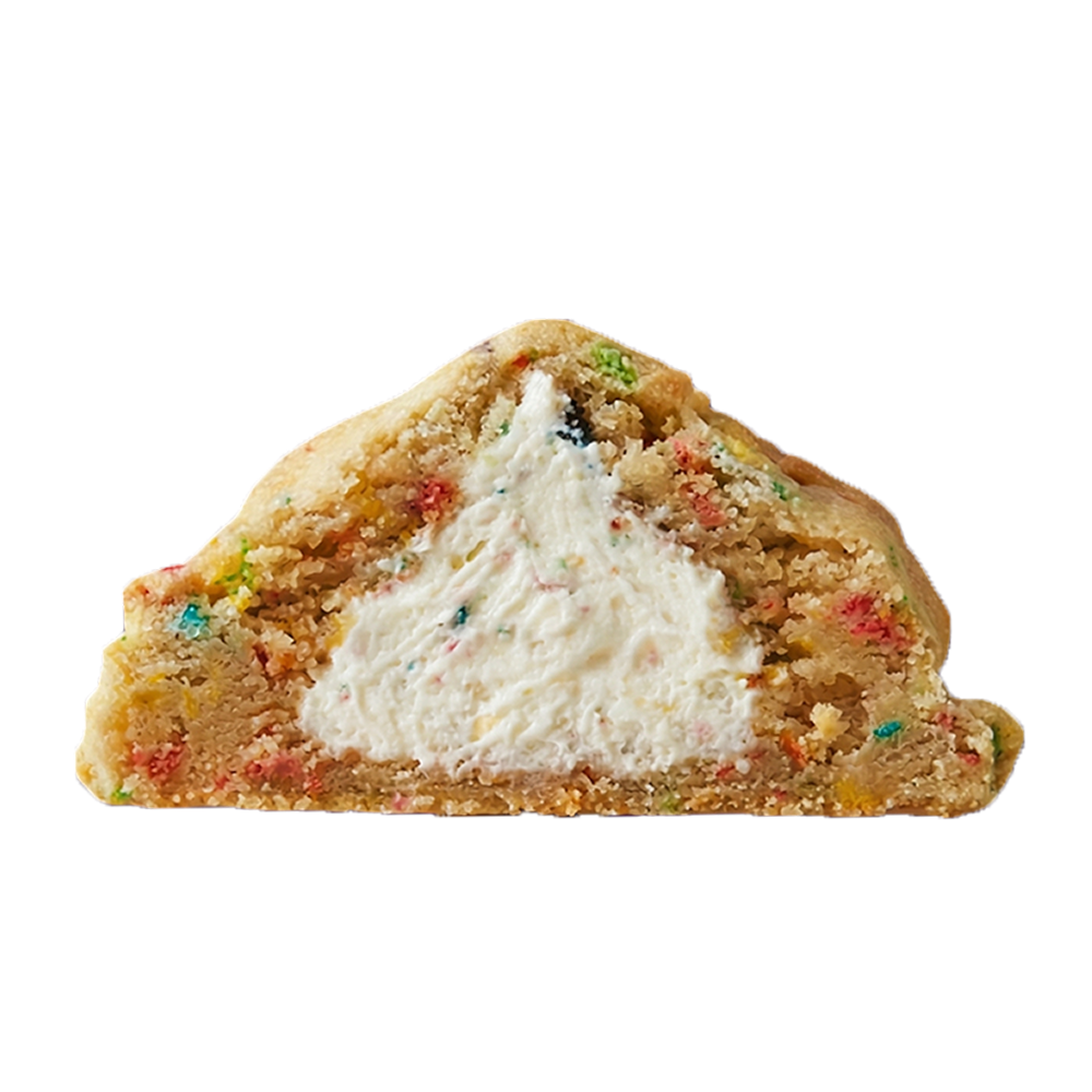 Yabba Dabba cookie broken open to show the creamy fruity frosting center.