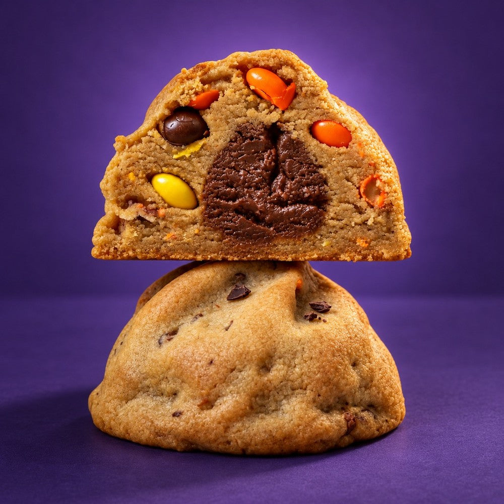The Pudge cookie broken open to show the peanut butter and chocolate center