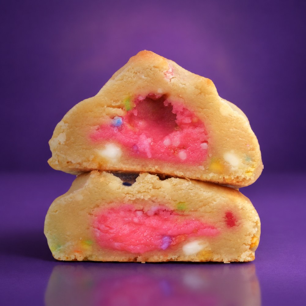 Caked Up Lil' Weirdo mini stuffed cookie, cut in half on a purple set