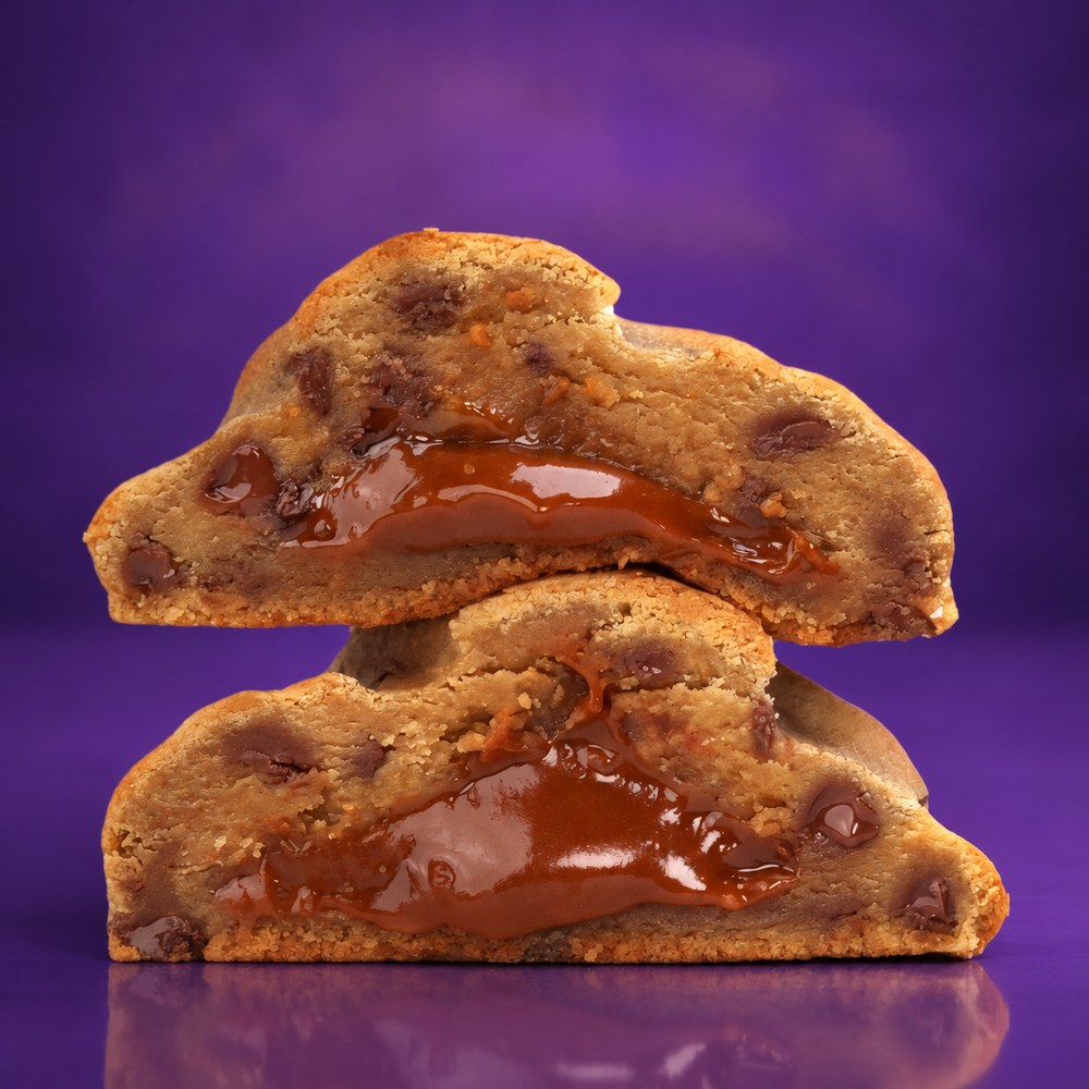 Chip N Drip Lil' Weirdo mini stuffed cookie, cut in half on a purple set