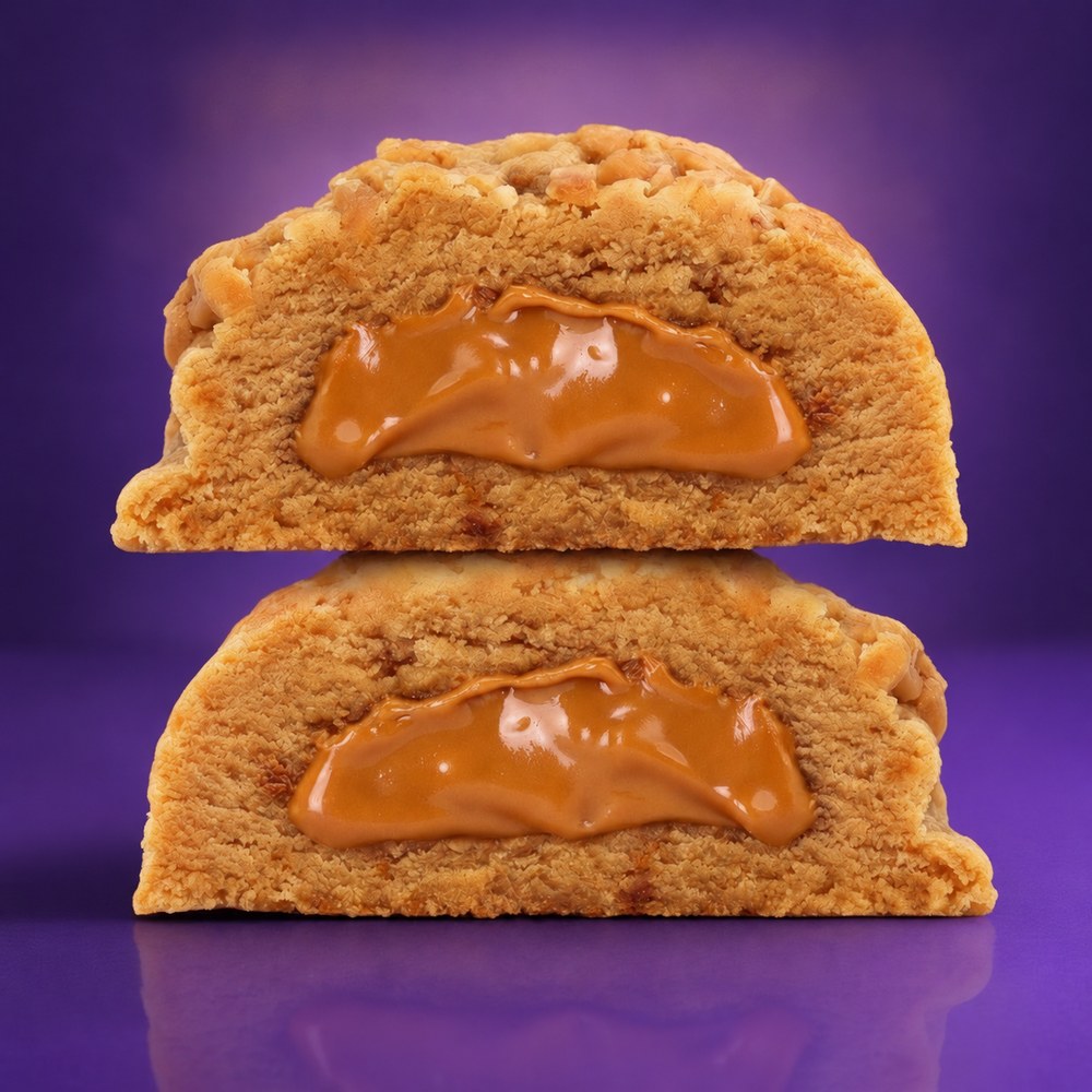 Lettie Doughkie Lil' Weirdo mini stuffed cookie, cut in half on a purple set