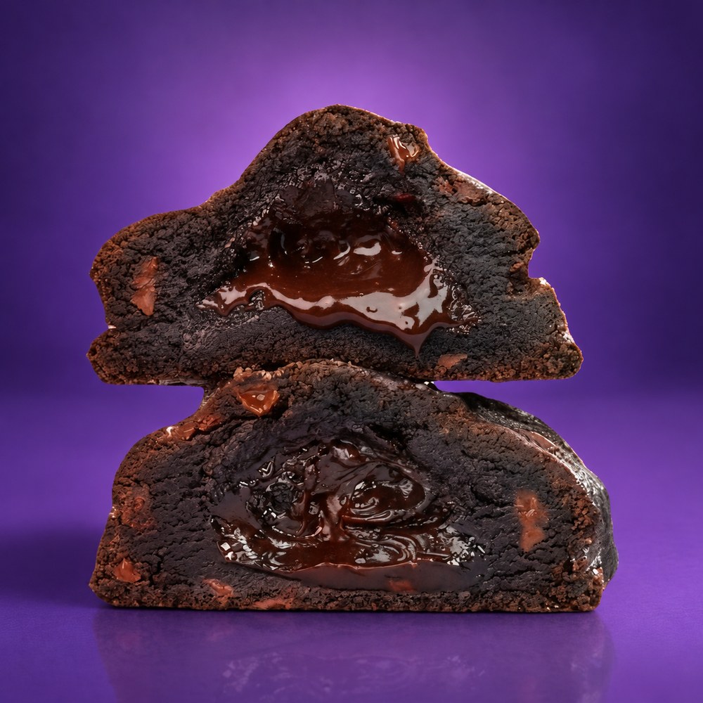 Massive Eruption Lil' Weirdo mini stuffed cookie, cut in half on a purple set