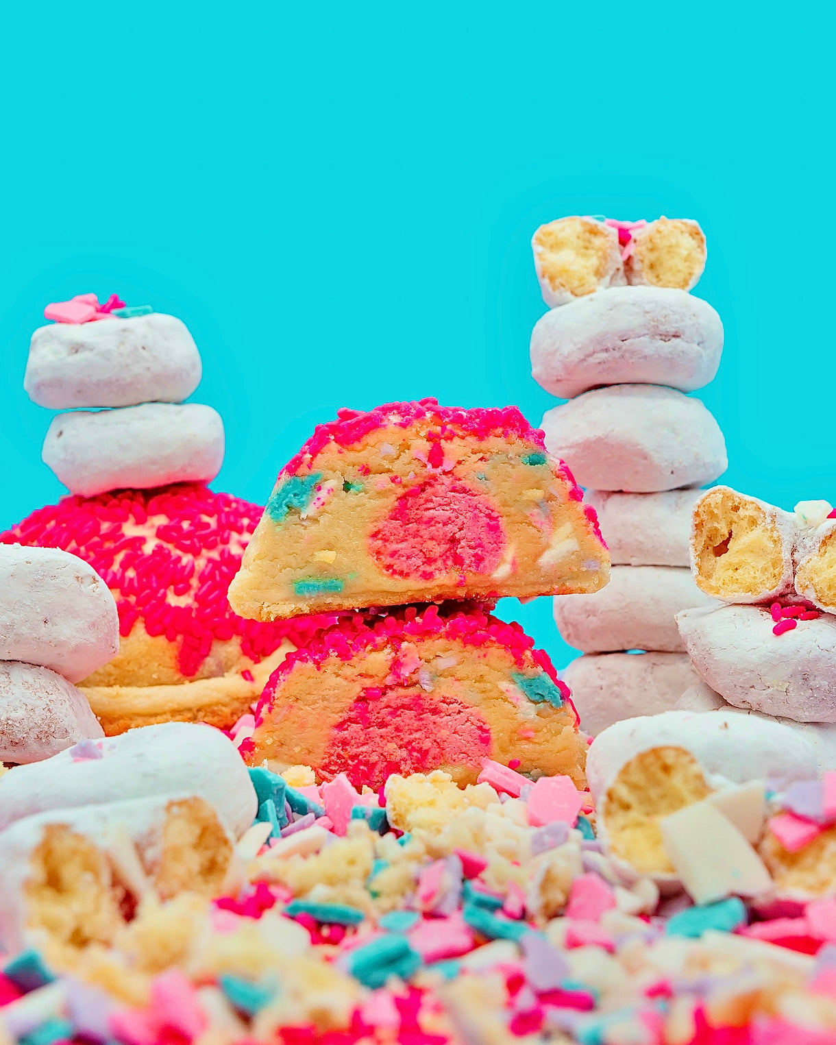 a group of donuts and a pile of doughnuts