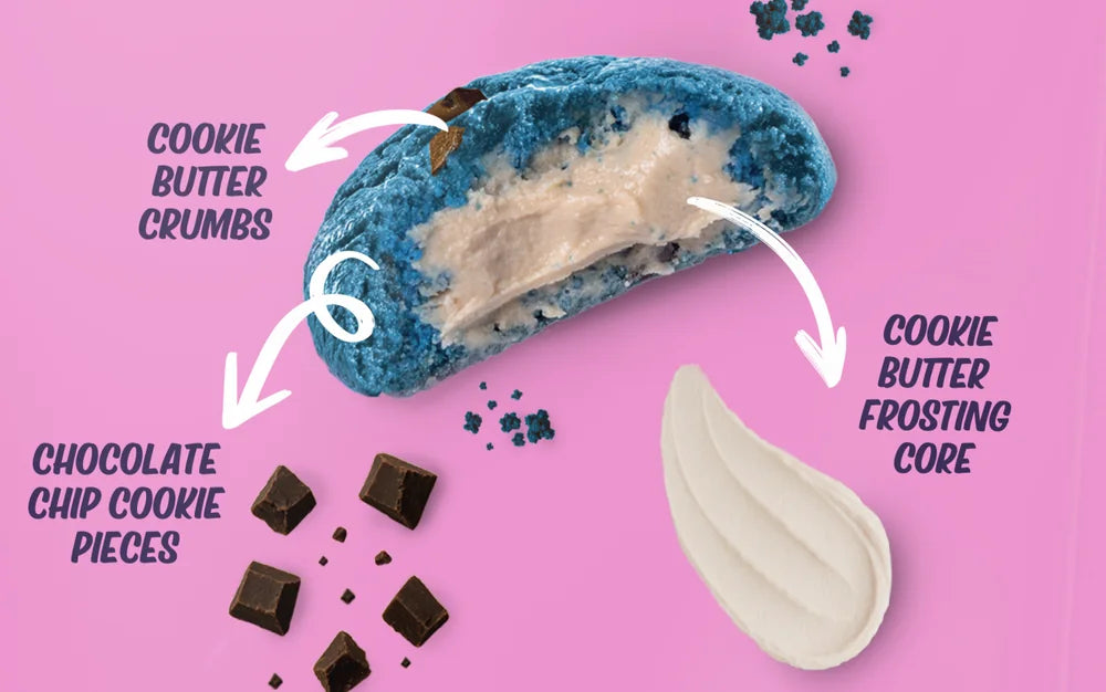Cookies Anonymous mini cookie cut open, showing the blue cookie dough dough and the cookie butter frosting core
