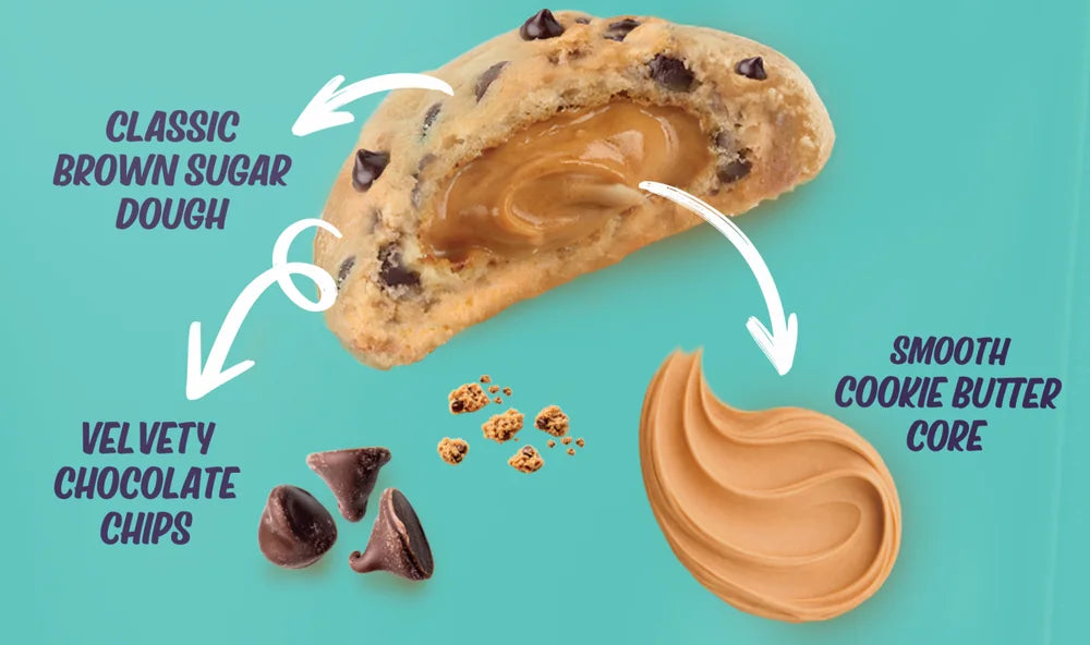 Nothin' Butta Chip mini cookie cut open, showing the buttery brown sugar dough and the cookie butter core